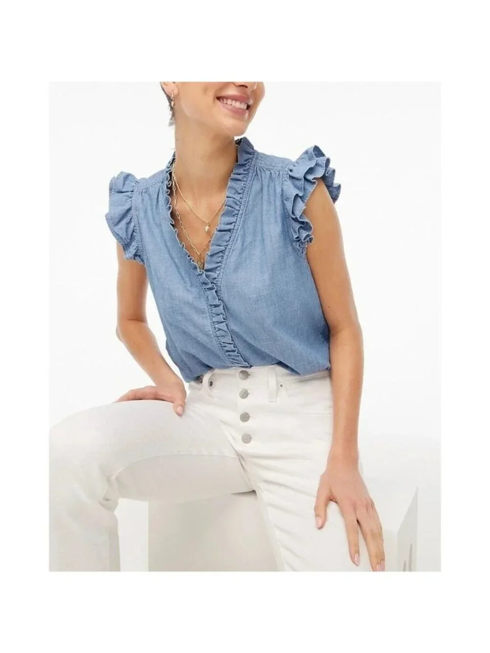 J. Crew Women's Chambray Flutter Sleeve Top Sleeveless Blue Size Large
